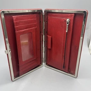 Vtg. Abas Red Crocodile Embossed Full Metal Silver Frame Leather Clutch Wallet - Picture 1 of 24
