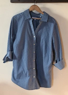 Foxcroft NYC 18W Forma Dos Tonos Azul Manga 3/4 Abotonada Cuello en V Cuello Preppy Foto 1 de 4