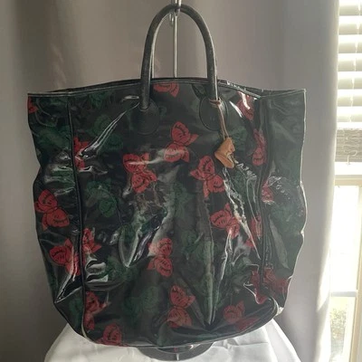 Bottega Veneta Vinyl-Coated "Butterflies" Shoulder Bag Navy Blue Red Green Tote - Image 1 of 4