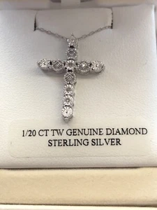 New In Box Diamond & Sterling Silver Cross Pendant Necklace & 18 Inch Chain - Picture 1 of 6