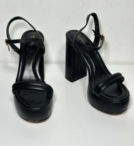 Michael Kors Black Sling Back Laci Leather Platform Sandal Heels Size 7M - Picture 1 of 11