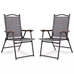 Zeus + Ruta Patio Sling Back Camping Deck Chairs Folding Steel Frame (Set of 2) - Picture 1 of 8