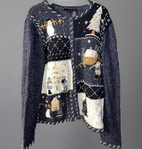 Erika Ugly Christmas Sweater Woman's Size S Blue Button Up Embellished Collared - Picture 1 of 5