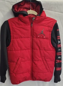 Air Jordan Boys sz M (10-12) Puffer Jacket Red Hoodie Therma-fit fleece slvs - Picture 1 of 9