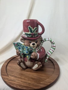 Fitz and Floyd handbemalte Weihnachten Teekanne Teddybär mit Weihnachtsbaum Mütze Tasse - Bild 1 von 10