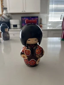 Wooden Kokeshi Doll With Brown Dress And Bow 6” - Picture 1 of 8