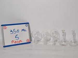Lot of 5 Single Neck 300ml Boiling Flasks,  (3) Round Bottom, (2) Flat Bottom - Picture 1 of 9