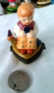 Vintage hand painted little girl figurine sitting birds trinket box HINGE BROKEN - Picture 1 of 9