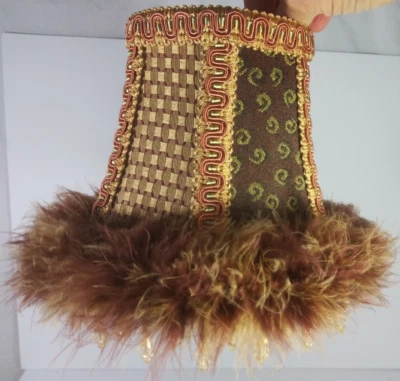 Vintage Boho Abstract Fabric Feather Trim Dangle Beads Clip On Lamp Shade - Image 1 of 4