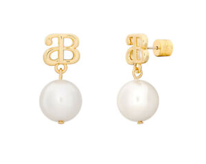 Alicia Bonnie Devotion White Pearl Gold Logo Stud Drop Earrings