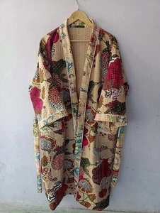 Indischer Kantha Kimono Handarbeit lang Nachtwäsche Kleid Winterjacke Cardigan Kleid - Bild 1 von 5