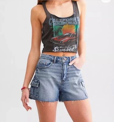 Pantalones Cortos de Carga BKE Denim para Mujer Talla 26 Azul Jean Bolsillo Utilitario Dobladillo Crudo Elastizados Foto 1 de 4