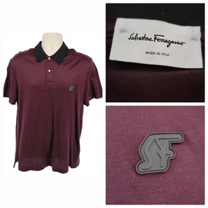 Salvatore Ferragamo Polo Shirt Mens L Burgundy Black Collar Italy - Picture 1 of 13