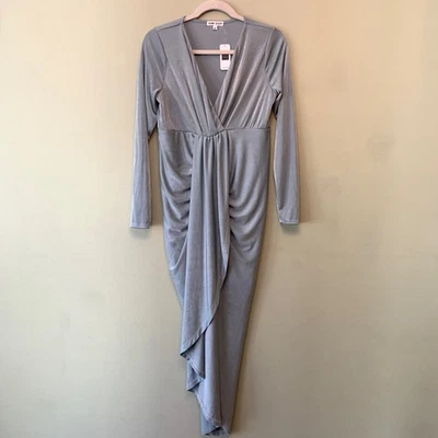 Bump Biddy Dress Maternity M Blue-Gray Drape Jersey Maxi V-Neck Long Sleeves New - Image 1 of 4