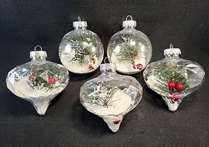 Handcrafted Clear Plastic Round And Teardrop Snow Filled Ornaments Set Of 5 - Picture 1 of 6
