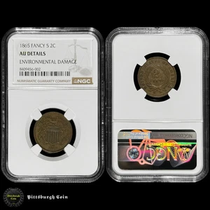 1865 2C Two Cent Piece Fancy 5  Variety NGC AU Details - Picture 1 of 2
