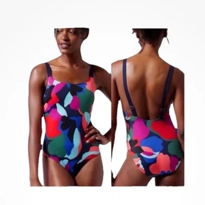 ATHLETA (M) Badeanzug Einteiler Hermosa Print blau grün rosa Adj. Träger Neu ohne Etikett - Bild 1 von 14