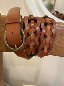 Lauren Ralph Lauren Leather Woven Belt Brass Buckle Cognac Sz M - Picture 1 of 6