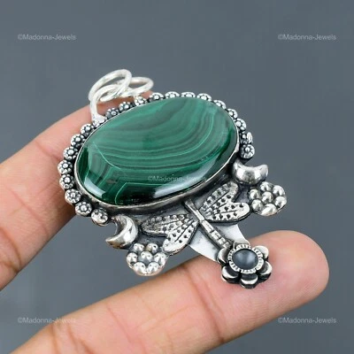 925 Sterling Silver Russian Malachite Gemstone Dragonfly Bezel Pendant Jewelry - Image 1 of 4