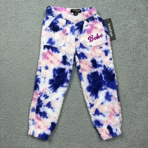 bebe Sweatpants Girls Medium 5/6 Vanilla Blue Pink Tie Dye Fuzzy Fleece Logo NWT - Picture 1 of 8