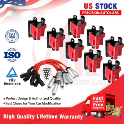 Paquete de 8 bobinas de encendido cuadrado con cable de bujía para Chevy GMC 4,8 L 5,3 L 6,0 L 8,1 L Foto 1 de 4