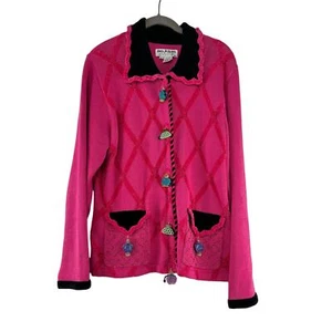Jack B Quick Womens Cardigan Sweater Sz L Pink Black Beaded Perfume Bottles FLAW - Picture 1 of 8