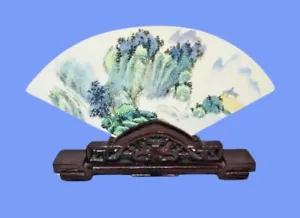 Ceramic Bisque Fan on Wood Stand Asian Nature Landscape Mountains  8" - Picture 1 of 8