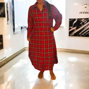Button Up Shirt Dress Women’s Red Plaids Pattern Long Sleeve Cuffed 4 Size M - Picture 1 of 4