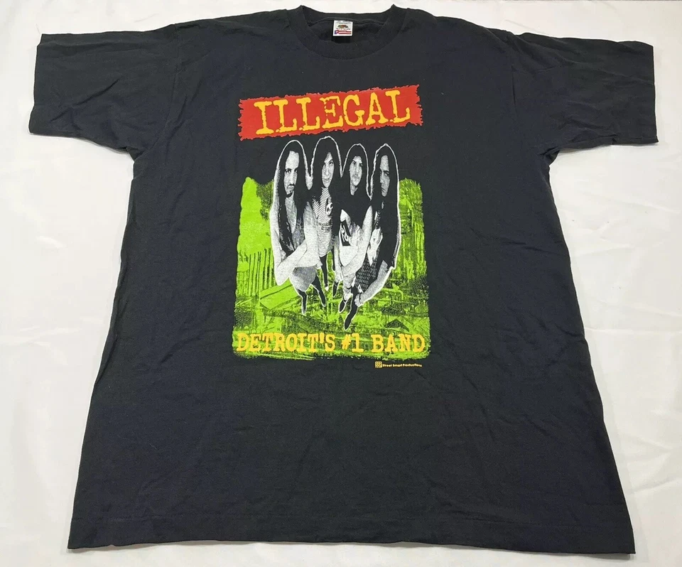 Vintage 90s Band Tee "Illegal" Size XL Single Stitch Cover Band Detroit Music - image 1 of 4