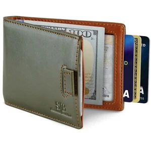 Genuine Leather RFID Blocking Bifold Mens Slim Minimalist Wallet with Money Clip - Picture 1 of 60