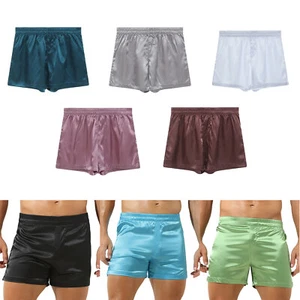 Mens Silk Satin Boxer Shorts Mid Waist Side Split Pajama Loose Shorts Sleepwear - Picture 1 of 66