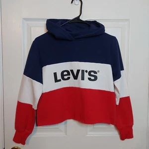 Levi's Red White Blue Colorblock Cropped Hoodie Sweatshirt Retro America Size L - Picture 1 of 12