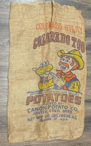 Vintage Jute Sackleinen Kartoffelsack Colorado zu Cowboy Grafik Bauernhof Futterbeutel 100 Pfund - Bild 1 von 6