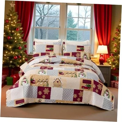 3 Pcs Christmas Bedding Plaid Quilt Set Full/Queen(90"x90") Burgundy Beige — 第 1/4 张图片