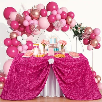 Rosette Tablecloth Hot Pink Table Cover 50x80 Inches 3D Floral Satin Fabric T... - Image 1 of 4
