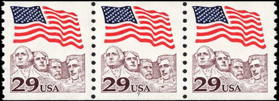US Scott # 2523, Flag over Mt. Rushmore, Strip of (3) 1991 29¢ Coil Stamps, MNH - Image 1 of 1