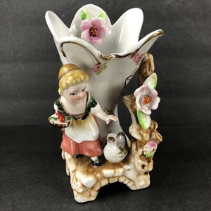 Vintage Girl Goose Pink Floral Victorian Gold Vase Porcelain Ucagco Japan - Picture 1 of 11