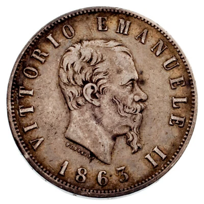 1863 Italy 2 Lire Silver Coin in VF Condition KM #16.1 - Image 1 of 4