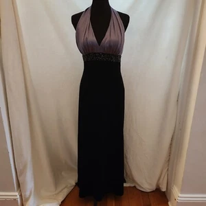JS Boutique Women 6 Black Gray Beaded Halter Sleeveless Stretch Evening Gown - Picture 1 of 10