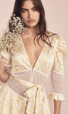 For Love & Lemons Womens Daffodil Lace Mini Dress Robe Yellow Floral Size L - Image 1 of 4