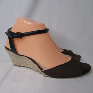 Lands End Women 9 M Brown Blue Espedrilles Wedge Peep Toe - Picture 1 of 12
