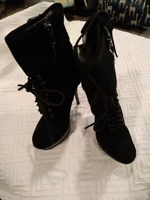 女士的面包鞋黑色麂皮绒踝靴高跟鞋 5 英寸细高跟鞋 6B 码 — 第 1/4 张图片