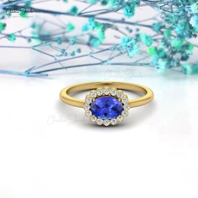 3/4CT Natural Tanzanite 14k Real Gold Diamond Halo Women Engagement Wedding Ring - Image 1 of 4