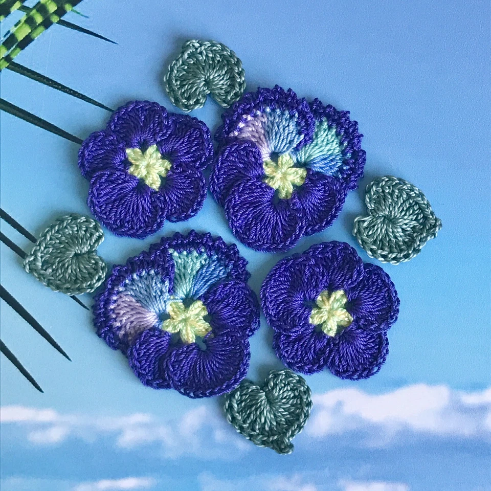 Lavanda Púrpura Violeta Crochet Pensamiento Flores Hojas Conjunto Apliques 8 Unidades Foto 1 de 2