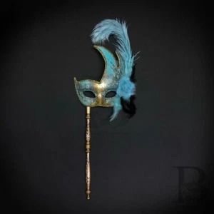 Holding Stick Party Mask | Feather Masquerade Mask Gold Mint Blue M6131 - Picture 1 of 5