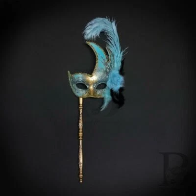 Holding Stick Party Mask | Feather Masquerade Mask Gold Mint Blue M6131 - Image 1 of 4
