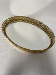 Vintage Oval golden vanity mirror tray Ormolu Filigree 16”X 12” X 1.5 " - Picture 1 of 5