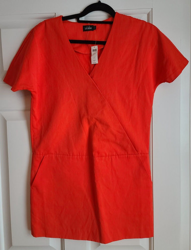 Abito avvolgente Kate Spade sabato scattante foderato arancione ciliegio taglia 2 nuovo con etichette manica corta