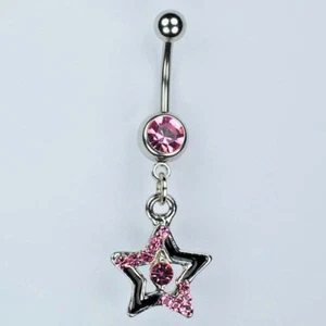 Star Dangle Belly Button Ring Bar Black with PINK Navel Piercing Jewelry (B2) - Picture 1 of 1