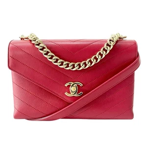CHANEL Chevron Red Leather Gold Chain Shoulder Bag - Picture 1 of 16